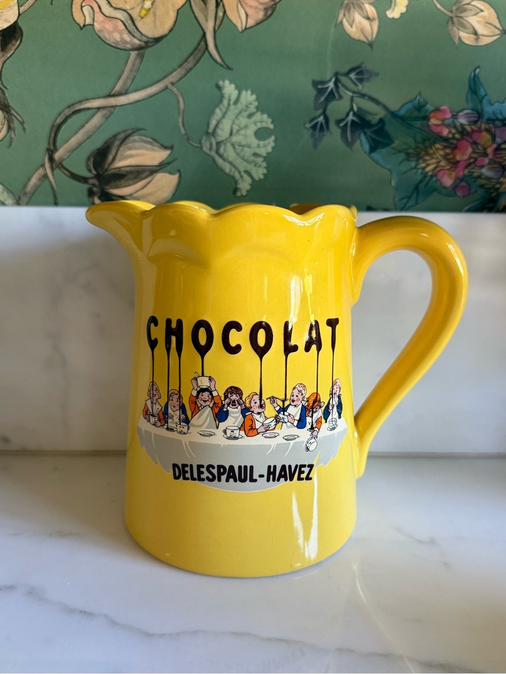 French Chocolat Delesvaul-Havez Pitcher Jug Yellow Scallop Jars 6” France